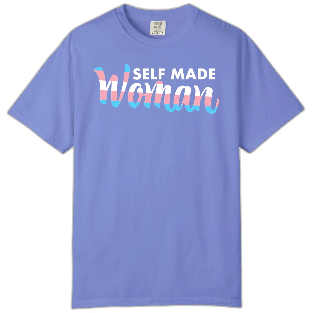 Self Made Woman design featuring bold wavy striped lettering in pink, white, and blue trans flag colors in Flo Blue