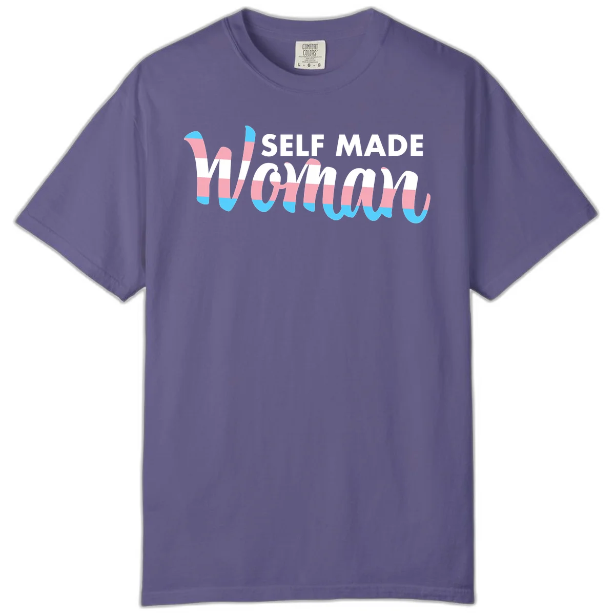 Self Made Woman design featuring bold wavy striped lettering in pink, white, and blue trans flag colors in Grape
