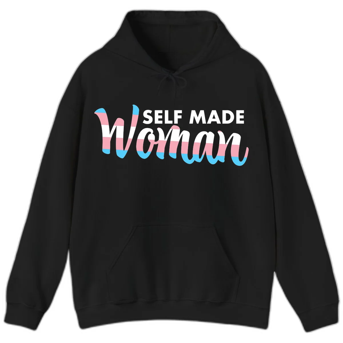 Self Made Woman design featuring bold wavy striped lettering in pink, white, and blue trans flag colors in Black