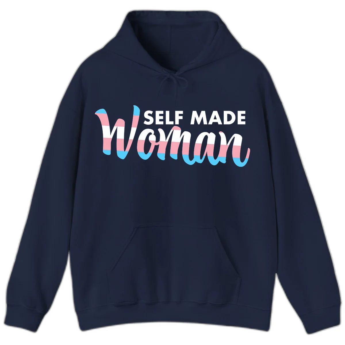 Self Made Woman design featuring bold wavy striped lettering in pink, white, and blue trans flag colors in Navy