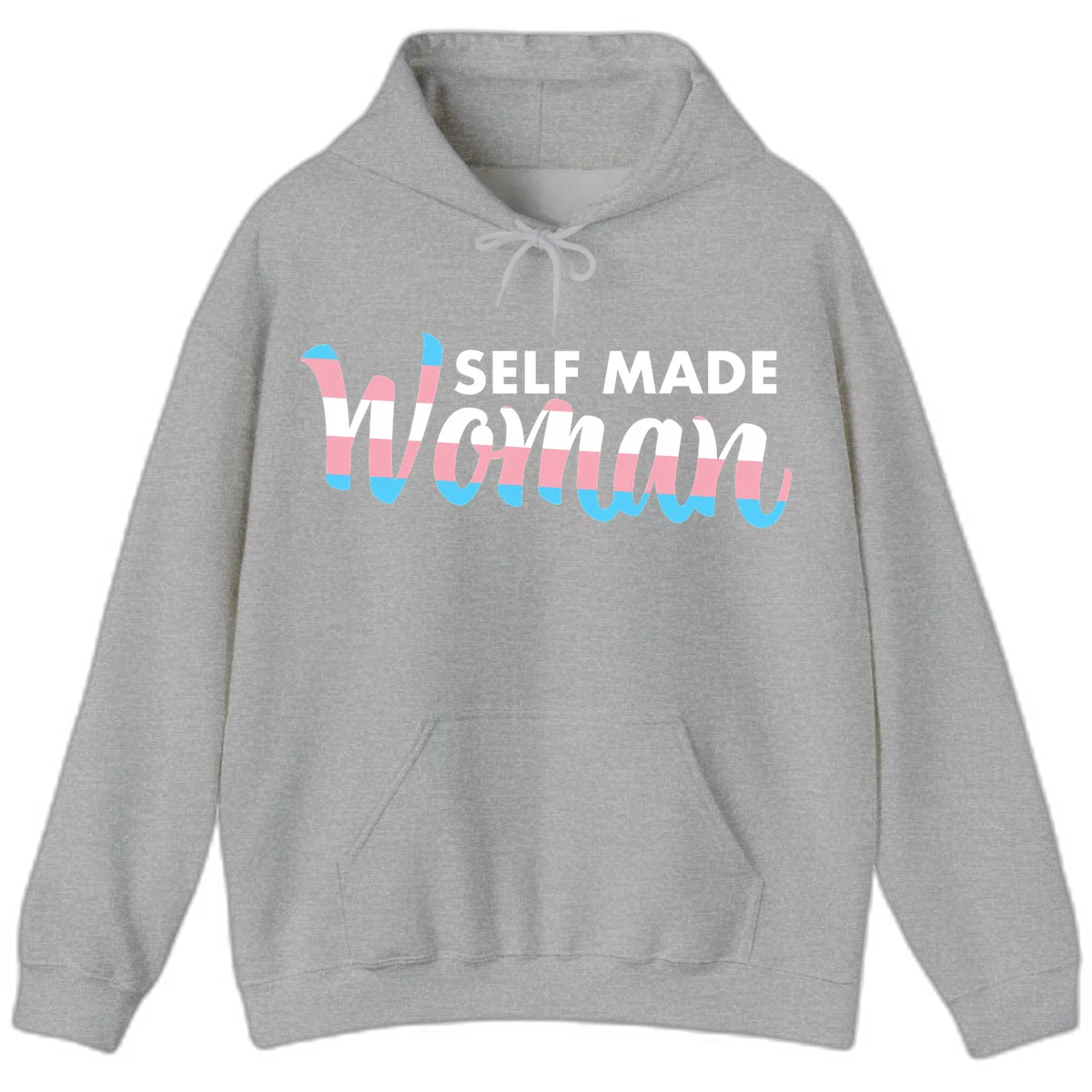 Self Made Woman design featuring bold wavy striped lettering in pink, white, and blue trans flag colors in Sport Grey