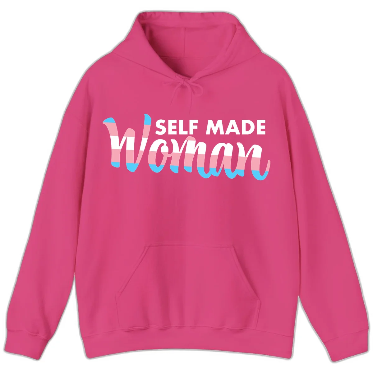 Self Made Woman design featuring bold wavy striped lettering in pink, white, and blue trans flag colors in Heliconia