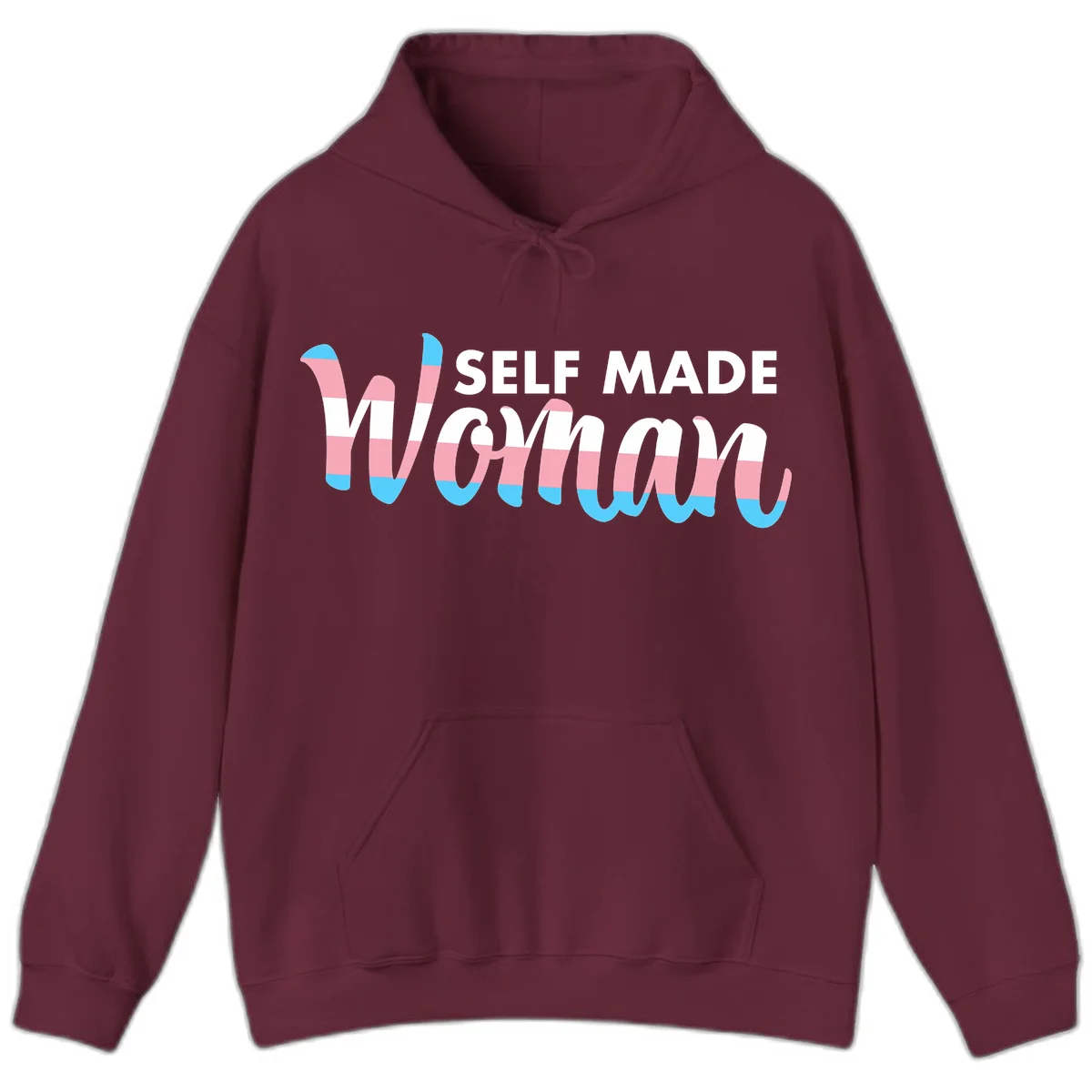 Self Made Woman design featuring bold wavy striped lettering in pink, white, and blue trans flag colors in Maroon
