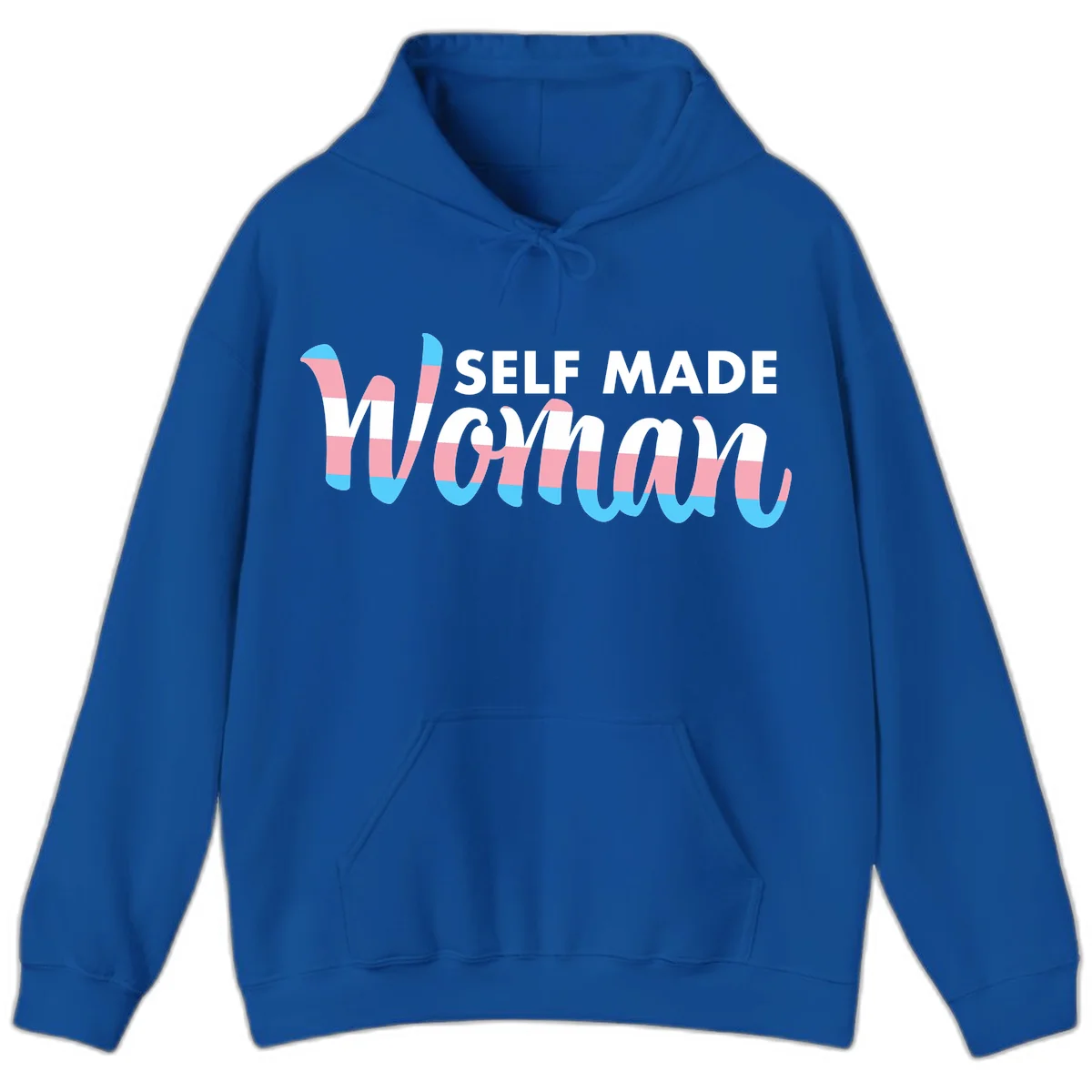 Self Made Woman design featuring bold wavy striped lettering in pink, white, and blue trans flag colors in Royal