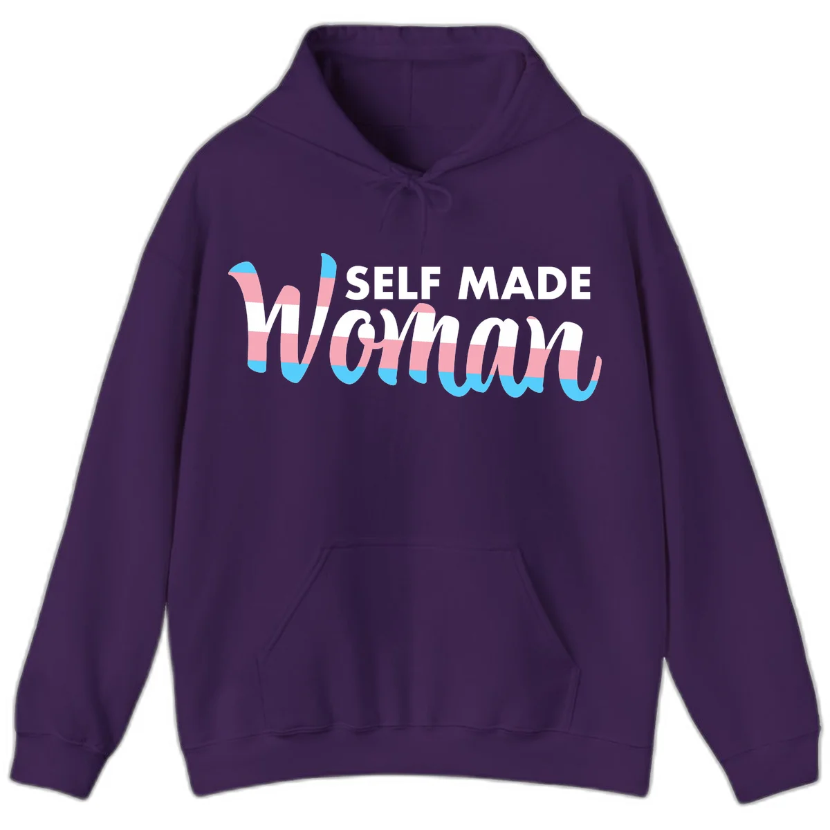 Self Made Woman design featuring bold wavy striped lettering in pink, white, and blue trans flag colors in Purple