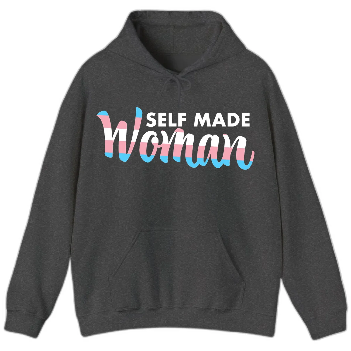 Self Made Woman design featuring bold wavy striped lettering in pink, white, and blue trans flag colors in Dark Heather