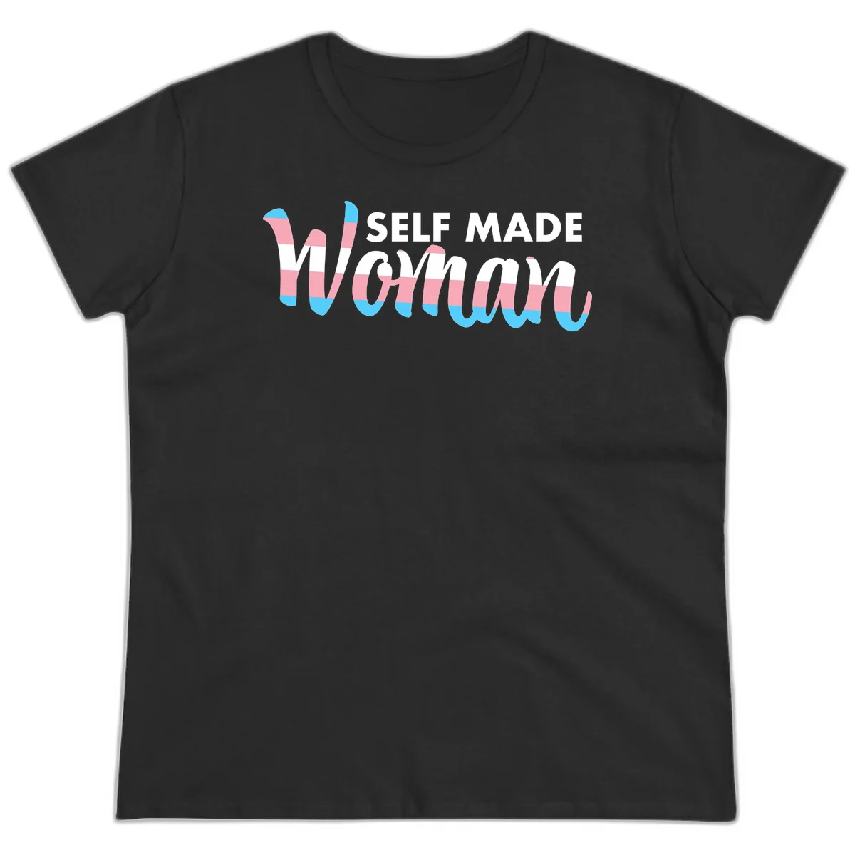 Self Made Woman design featuring bold wavy striped lettering in pink, white, and blue trans flag colors in Black