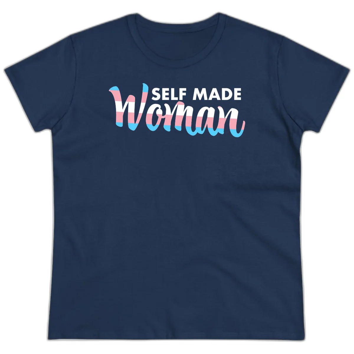 Self Made Woman design featuring bold wavy striped lettering in pink, white, and blue trans flag colors in Navy