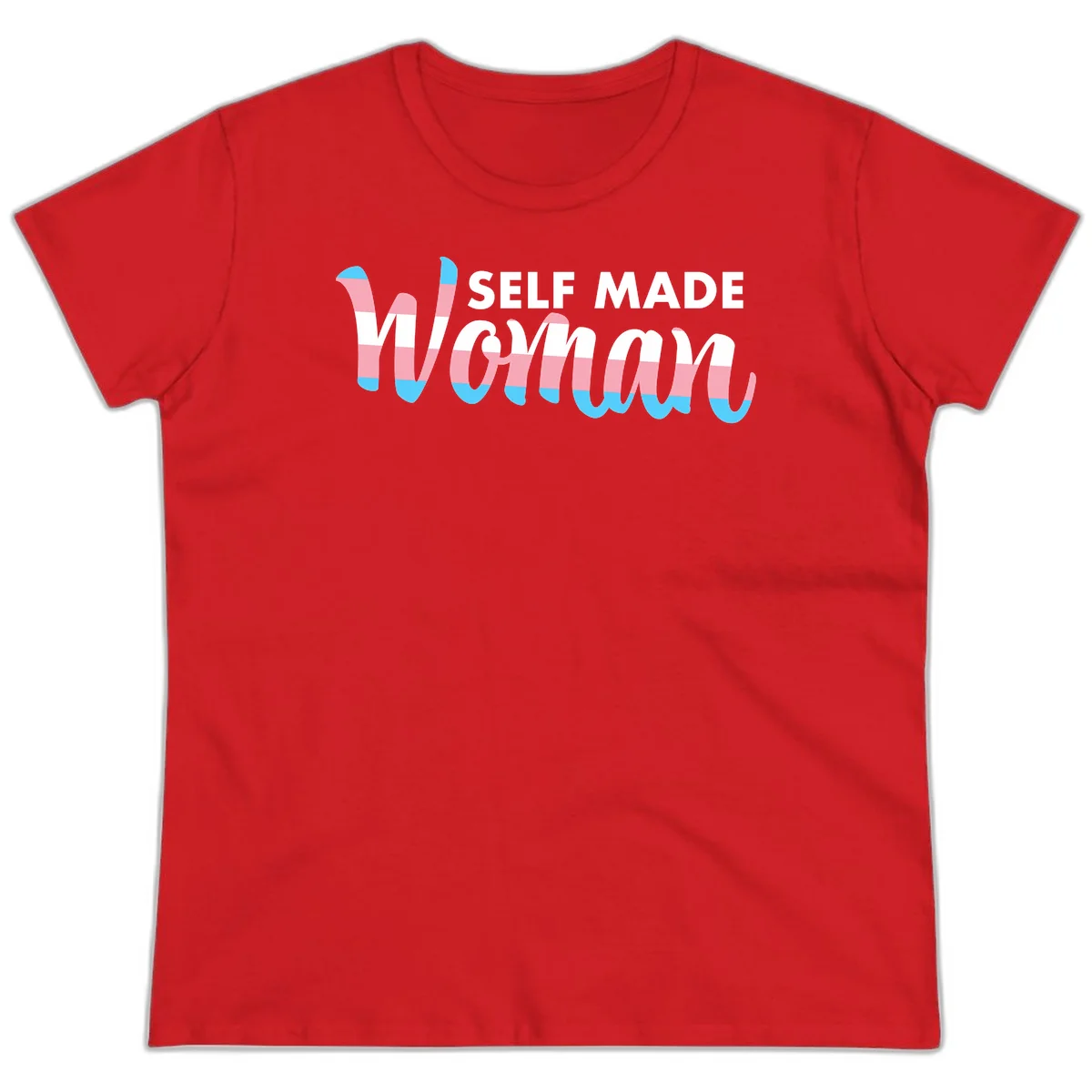 Self Made Woman design featuring bold wavy striped lettering in pink, white, and blue trans flag colors in Red