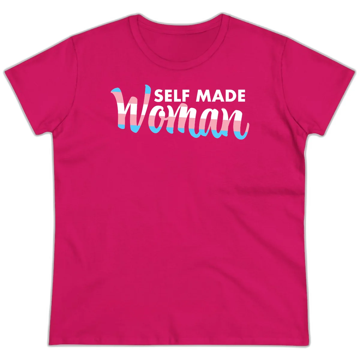 Self Made Woman design featuring bold wavy striped lettering in pink, white, and blue trans flag colors in Heliconia