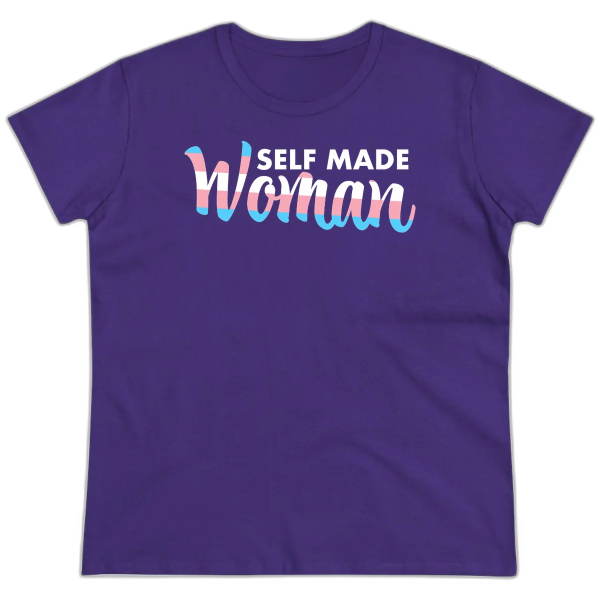 Self Made Woman design featuring bold wavy striped lettering in pink, white, and blue trans flag colors in Purple
