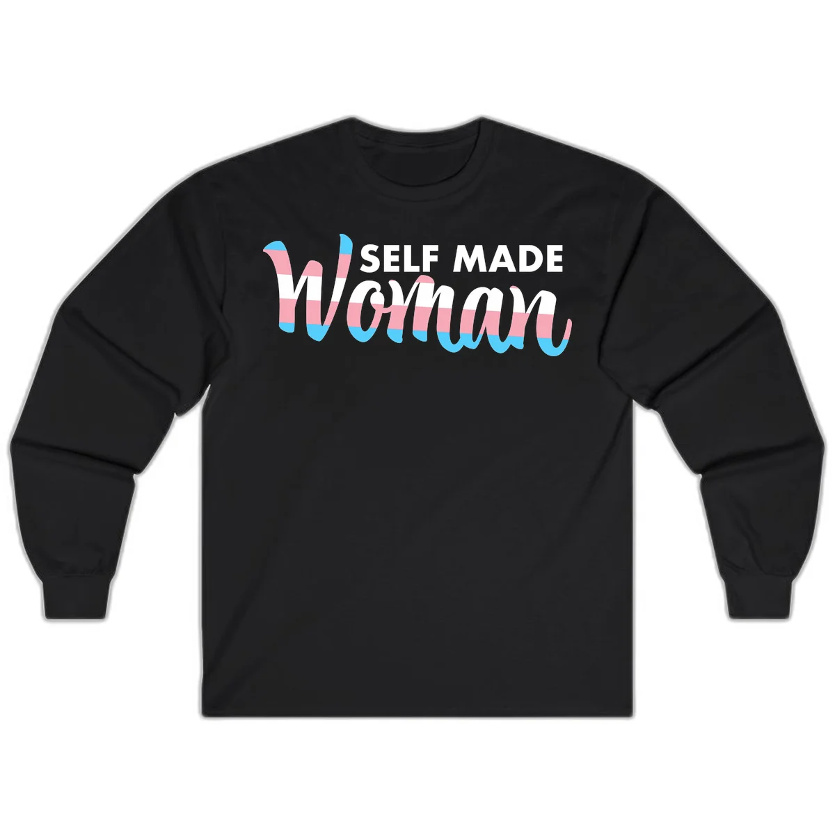 Self Made Woman design featuring bold wavy striped lettering in pink, white, and blue trans flag colors in Black