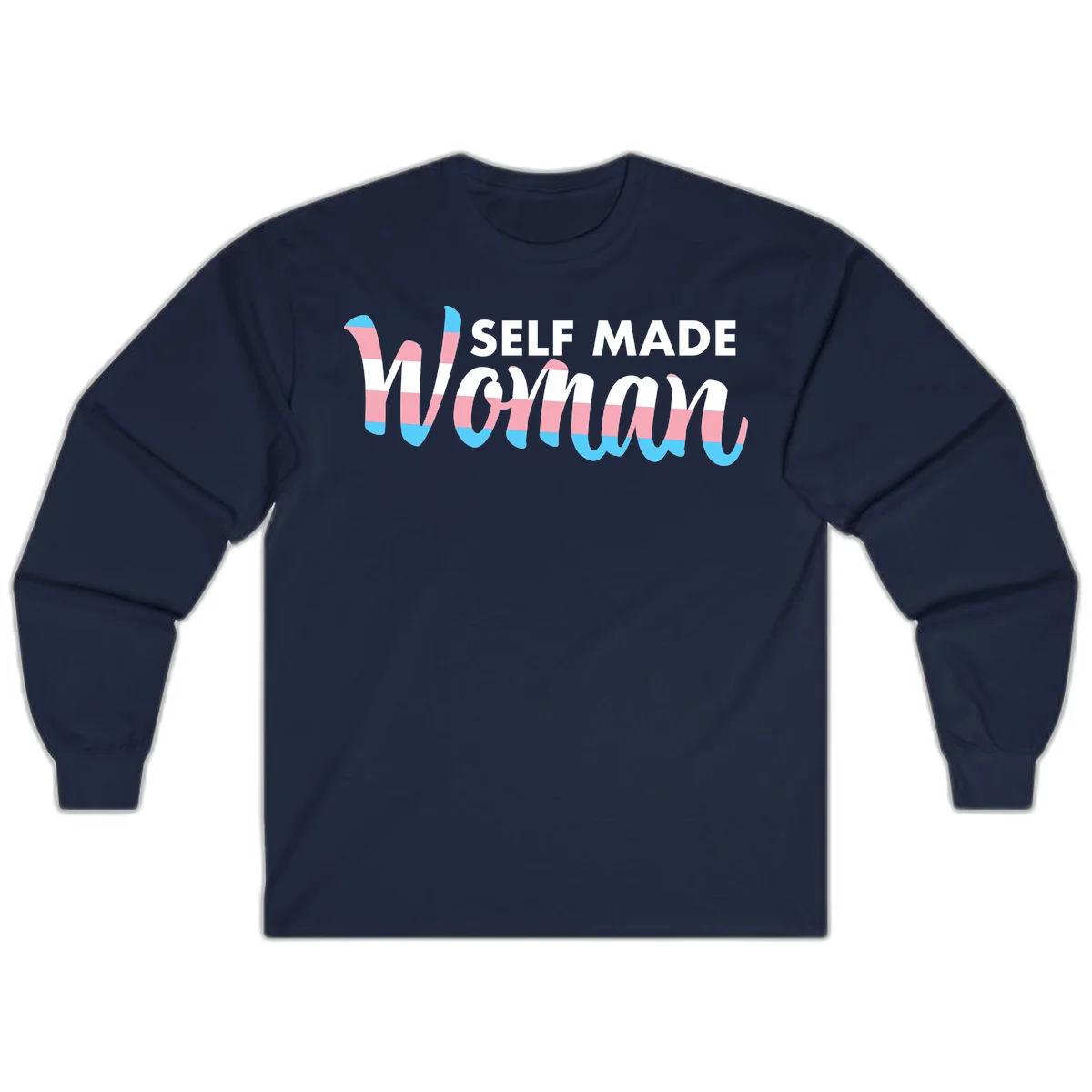 Self Made Woman design featuring bold wavy striped lettering in pink, white, and blue trans flag colors in Navy