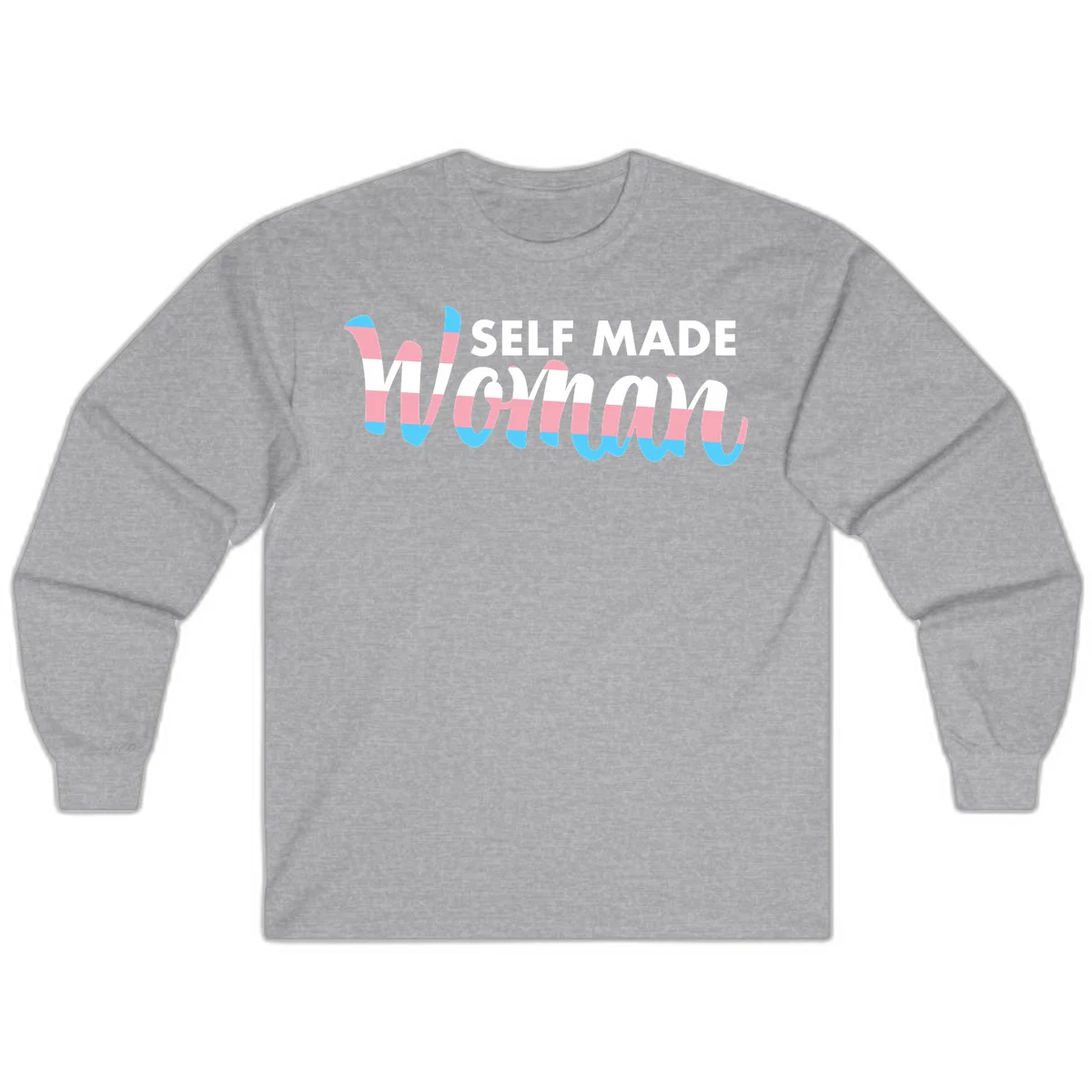 Self Made Woman design featuring bold wavy striped lettering in pink, white, and blue trans flag colors in Sport Grey