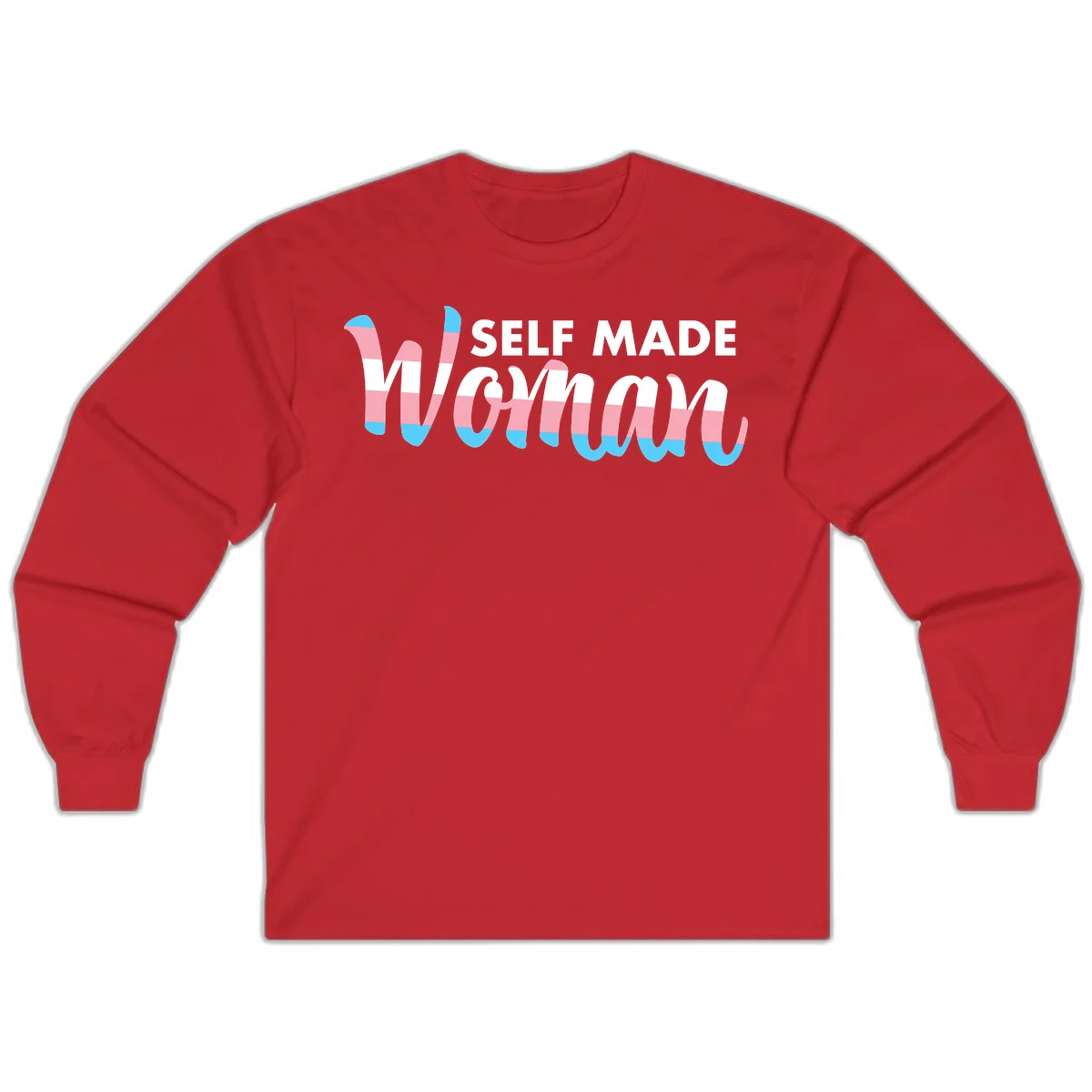 Self Made Woman design featuring bold wavy striped lettering in pink, white, and blue trans flag colors in Red