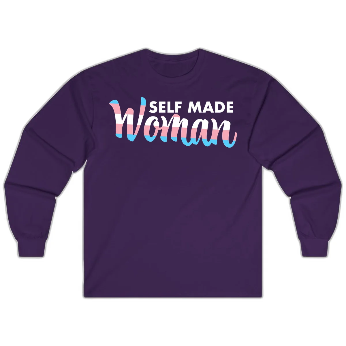 Self Made Woman design featuring bold wavy striped lettering in pink, white, and blue trans flag colors in Purple