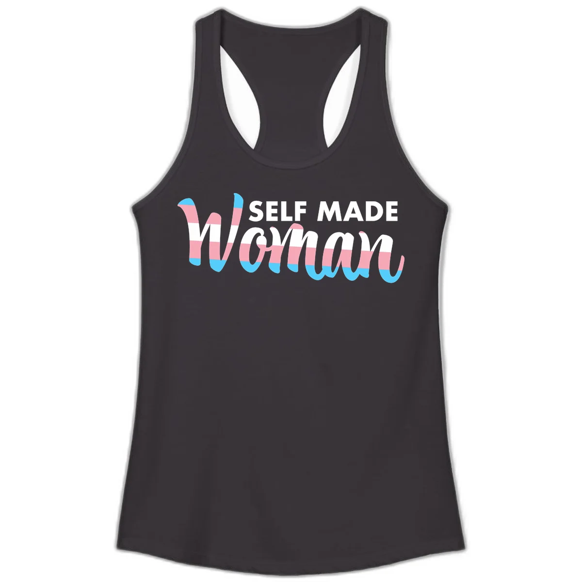 Self Made Woman design featuring bold wavy striped lettering in pink, white, and blue trans flag colors in Black