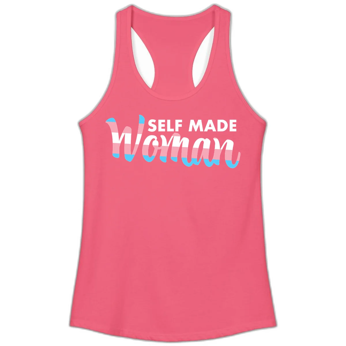 Self Made Woman design featuring bold wavy striped lettering in pink, white, and blue trans flag colors in Hot Pink