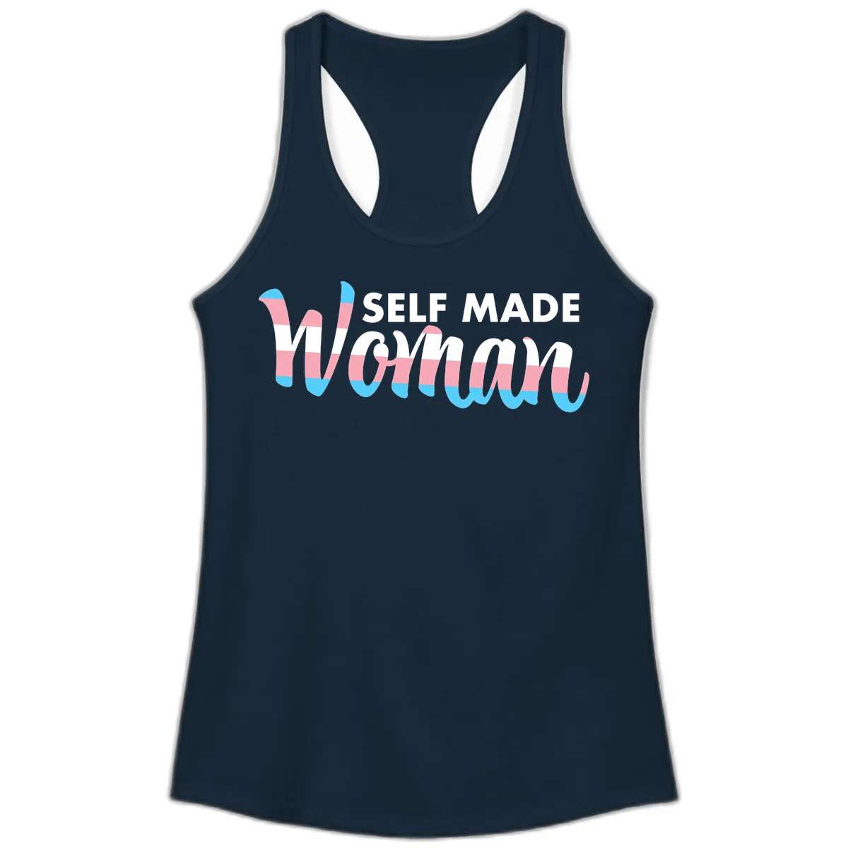 Self Made Woman design featuring bold wavy striped lettering in pink, white, and blue trans flag colors in Solid Midnight Navy