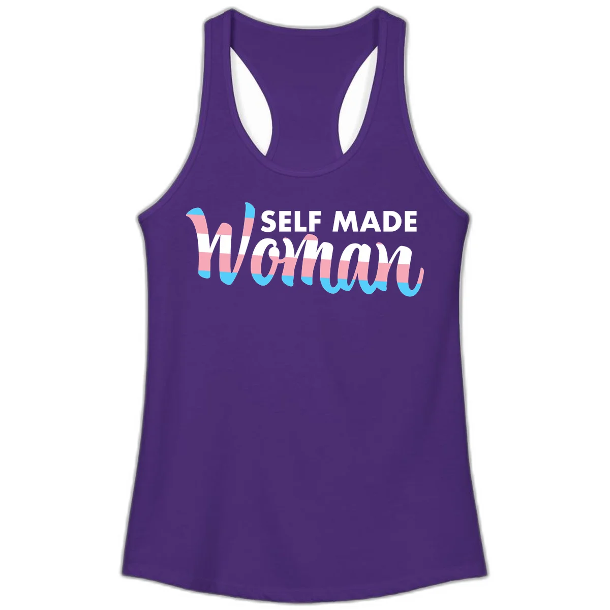 Self Made Woman design featuring bold wavy striped lettering in pink, white, and blue trans flag colors in Solid Purple Rush