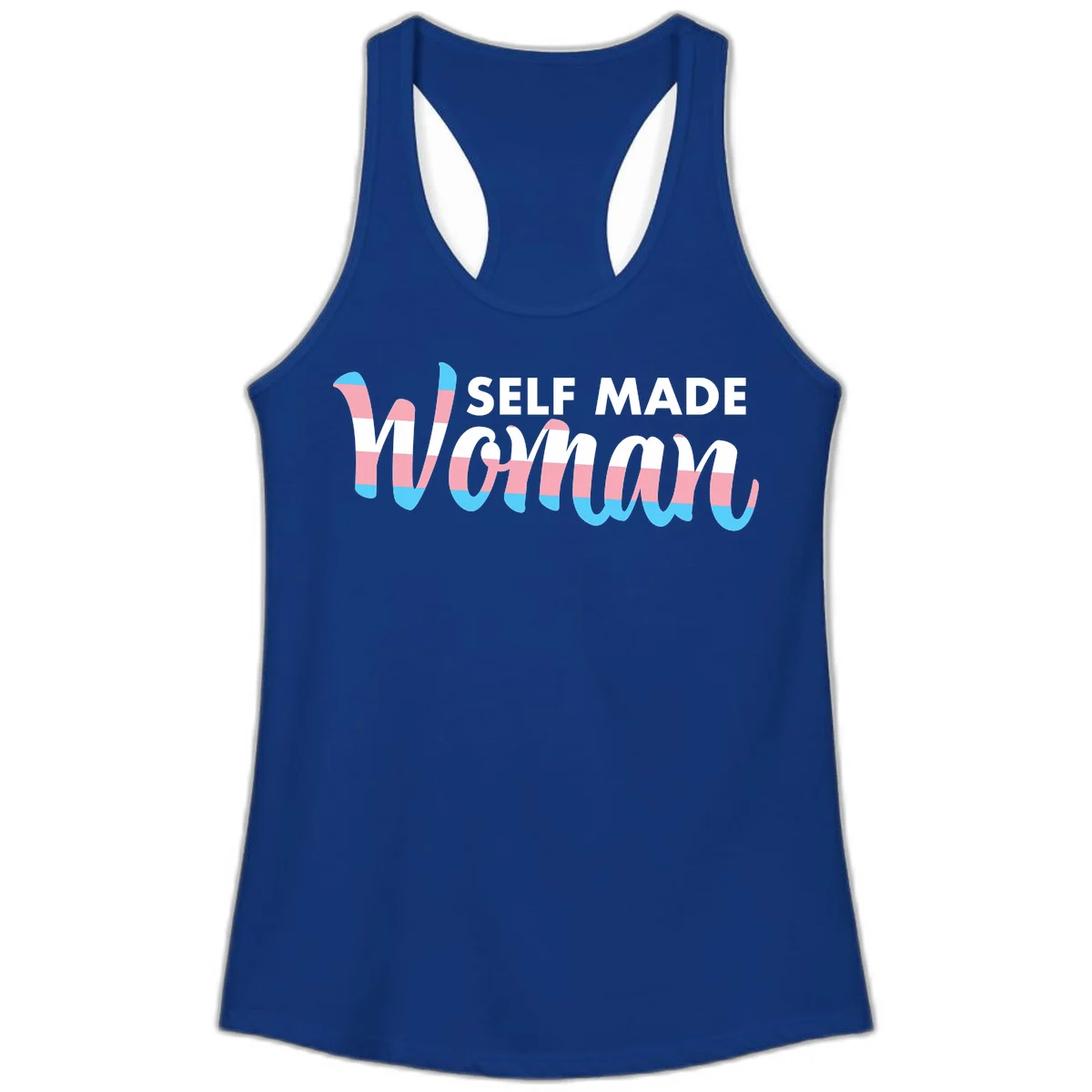 Self Made Woman design featuring bold wavy striped lettering in pink, white, and blue trans flag colors in Solid Royal