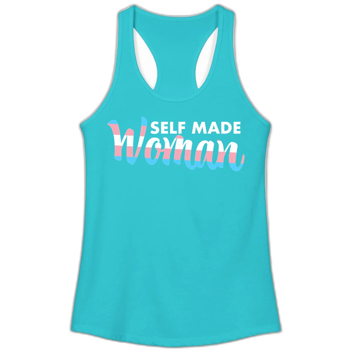 Self Made Woman design featuring bold wavy striped lettering in pink, white, and blue trans flag colors in Solid Tahiti Blue