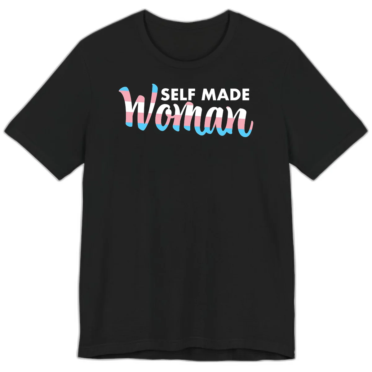 Self Made Woman design featuring bold wavy striped lettering in pink, white, and blue trans flag colors in Black