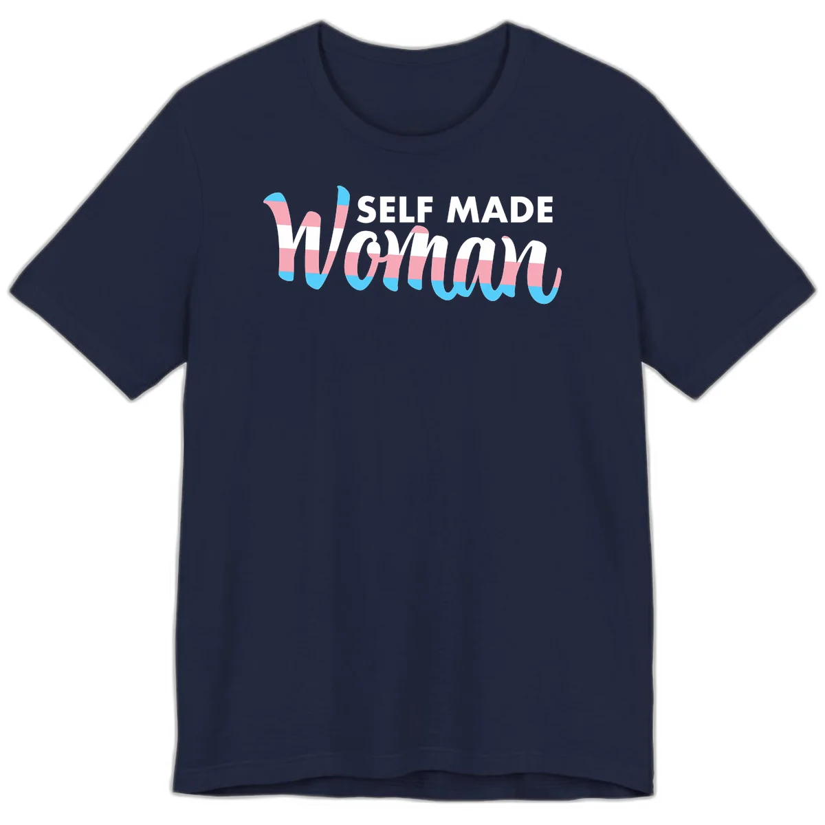 Self Made Woman design featuring bold wavy striped lettering in pink, white, and blue trans flag colors in Navy
