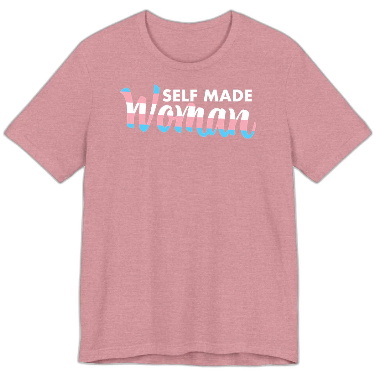 Self Made Woman design featuring bold wavy striped lettering in pink, white, and blue trans flag colors in Heather Orchid
