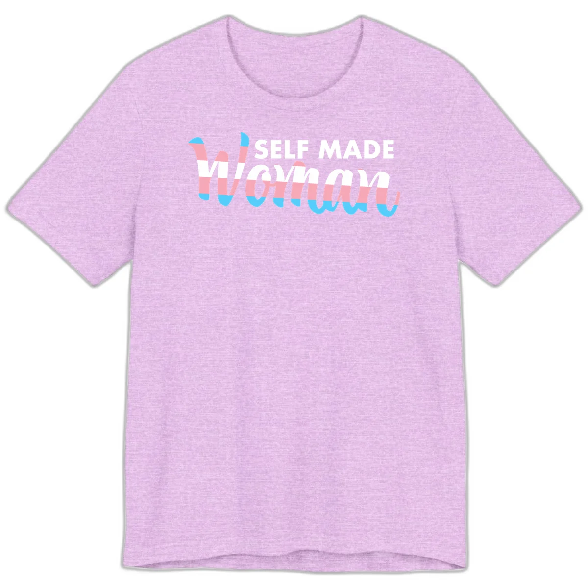 Self Made Woman design featuring bold wavy striped lettering in pink, white, and blue trans flag colors in Heather Prism Lilac