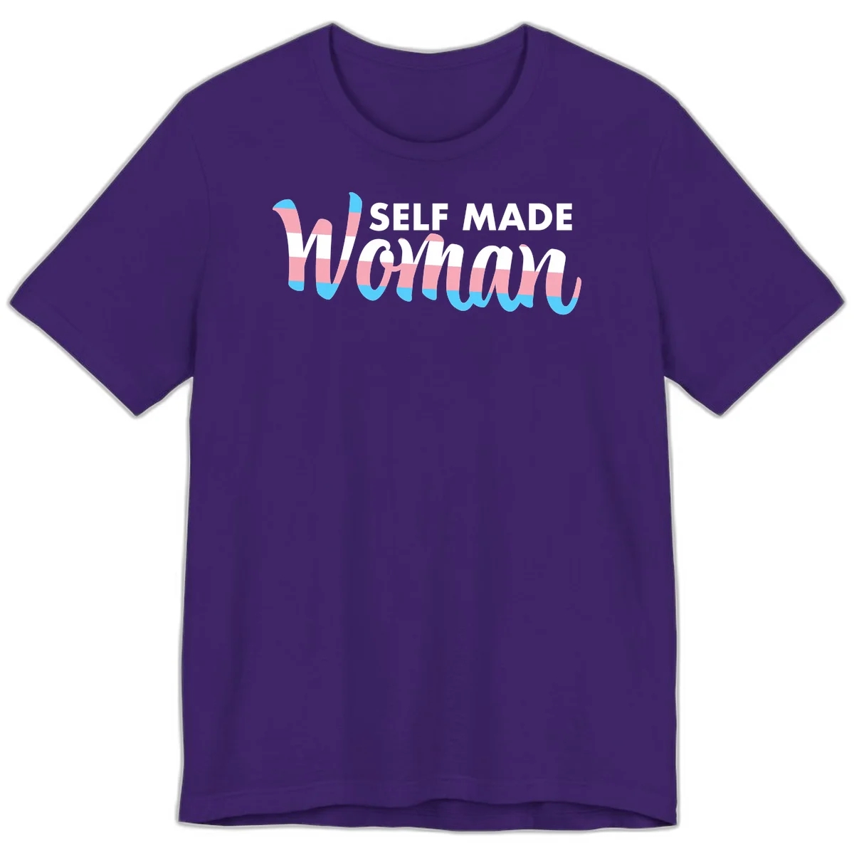 Self Made Woman design featuring bold wavy striped lettering in pink, white, and blue trans flag colors in Team Purple