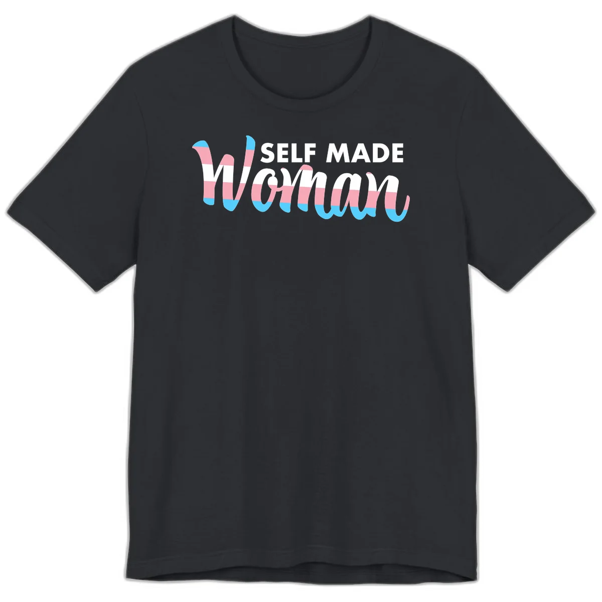 Self Made Woman design featuring bold wavy striped lettering in pink, white, and blue trans flag colors in Vintage Black