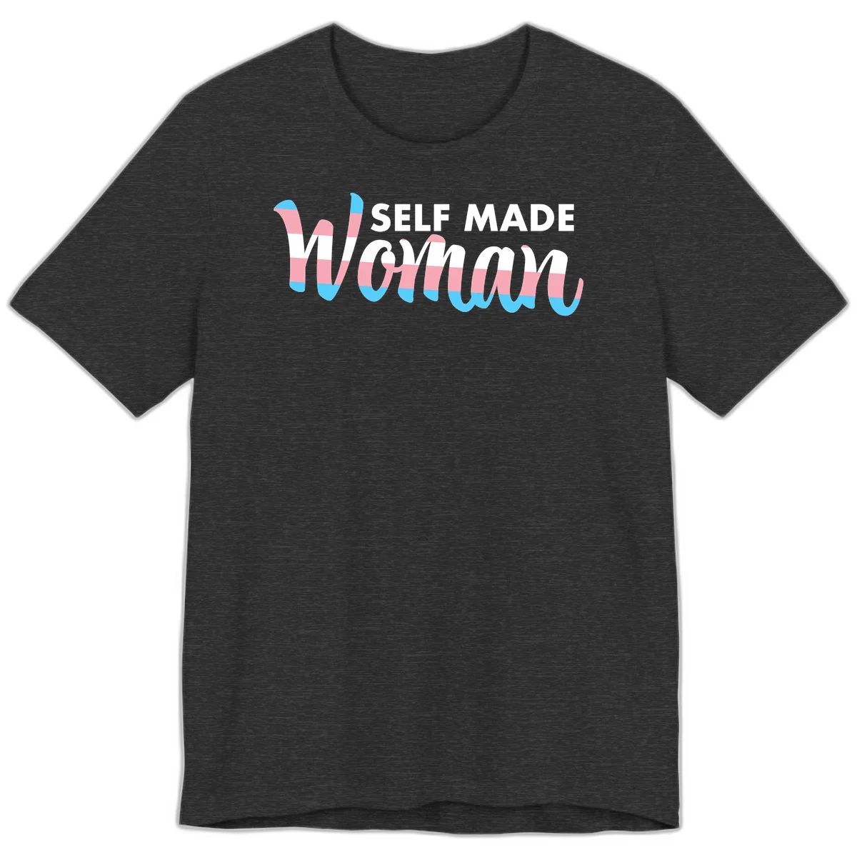 Self Made Woman design featuring bold wavy striped lettering in pink, white, and blue trans flag colors in Dark Grey Heather
