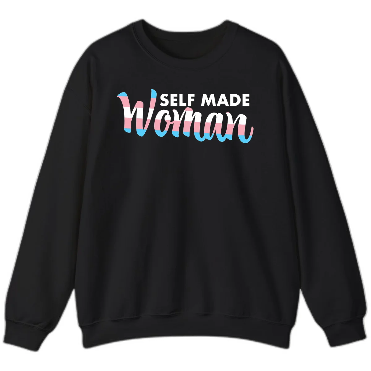 Self Made Woman design featuring bold wavy striped lettering in pink, white, and blue trans flag colors in Black