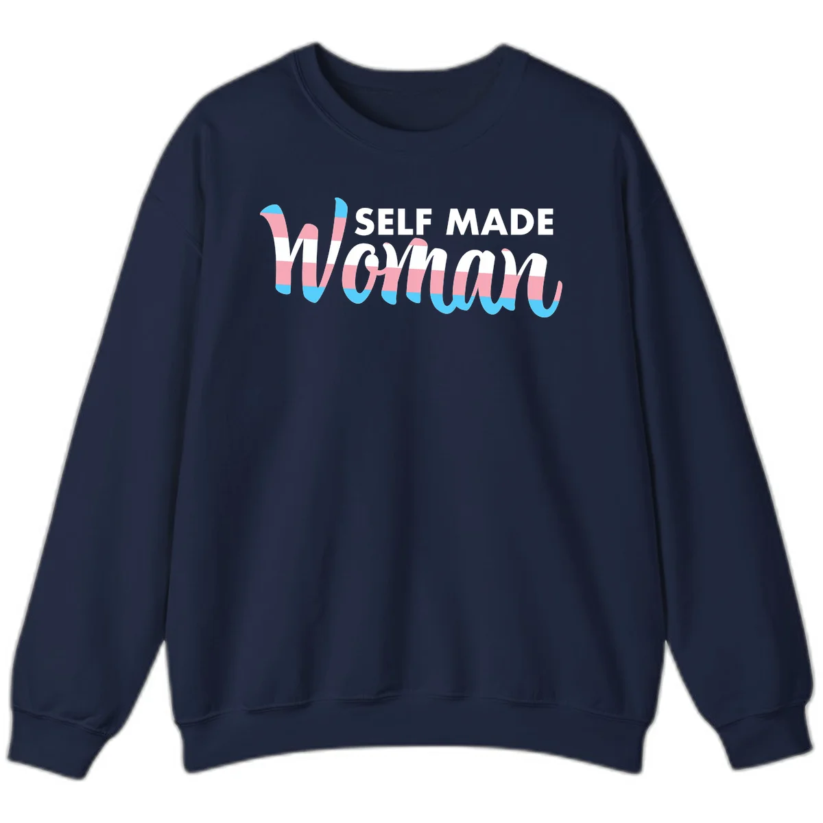 Self Made Woman design featuring bold wavy striped lettering in pink, white, and blue trans flag colors in Navy