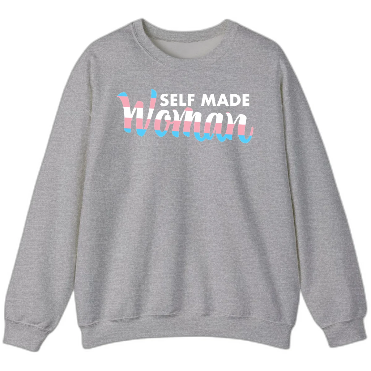 Self Made Woman design featuring bold wavy striped lettering in pink, white, and blue trans flag colors in Sport Grey