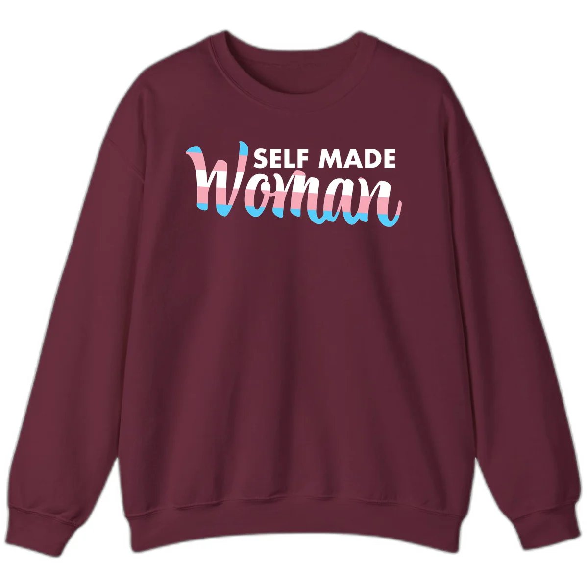 Self Made Woman design featuring bold wavy striped lettering in pink, white, and blue trans flag colors in Maroon