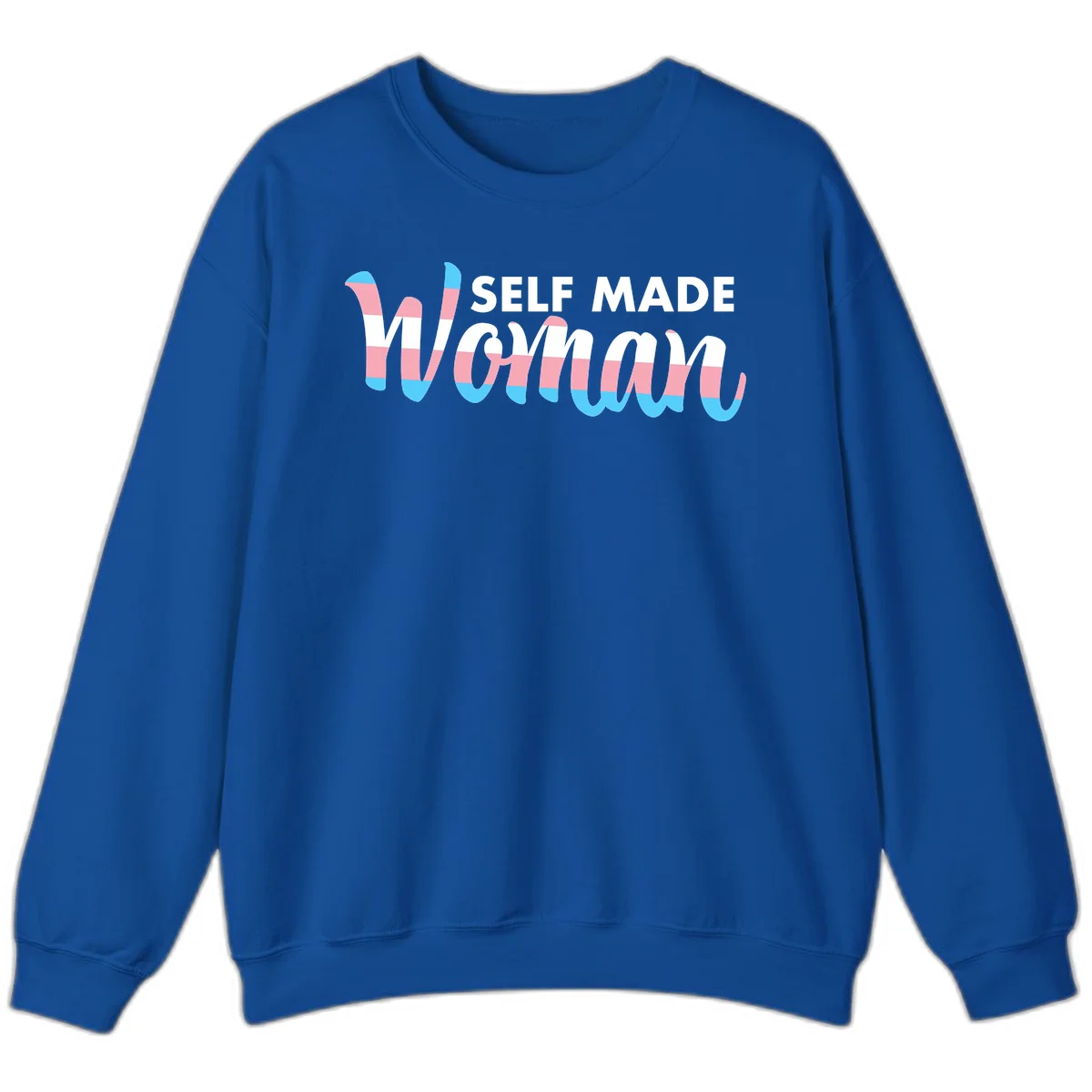 Self Made Woman design featuring bold wavy striped lettering in pink, white, and blue trans flag colors in Royal