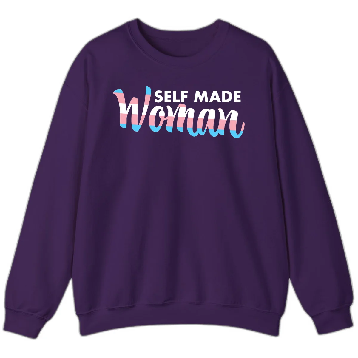 Self Made Woman design featuring bold wavy striped lettering in pink, white, and blue trans flag colors in Purple
