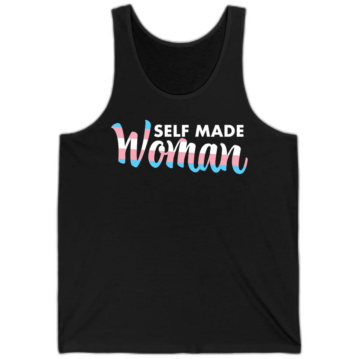 Self Made Woman design featuring bold wavy striped lettering in pink, white, and blue trans flag colors in Black