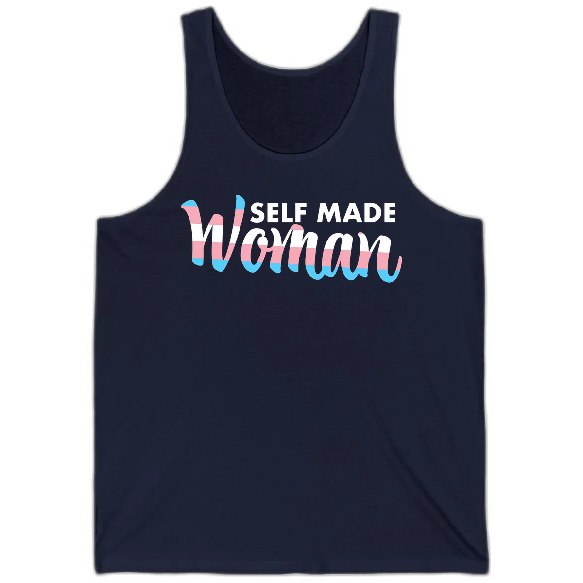 Self Made Woman design featuring bold wavy striped lettering in pink, white, and blue trans flag colors in Navy