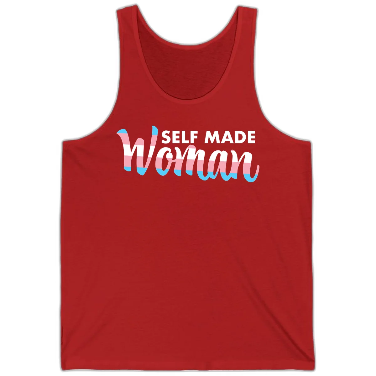 Self Made Woman design featuring bold wavy striped lettering in pink, white, and blue trans flag colors in Red