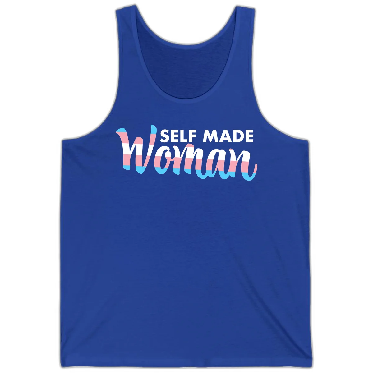 Self Made Woman design featuring bold wavy striped lettering in pink, white, and blue trans flag colors in True Royal