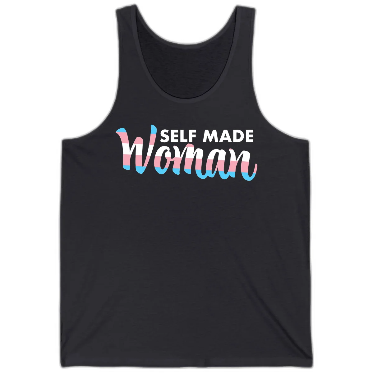 Self Made Woman design featuring bold wavy striped lettering in pink, white, and blue trans flag colors in Dark Grey