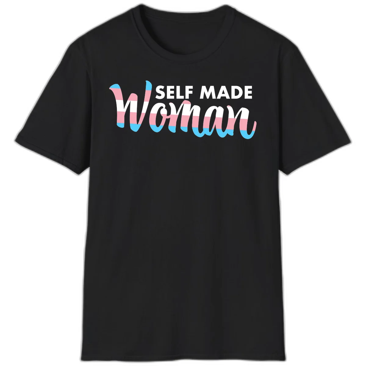Self Made Woman design featuring bold wavy striped lettering in pink, white, and blue trans flag colors in Black