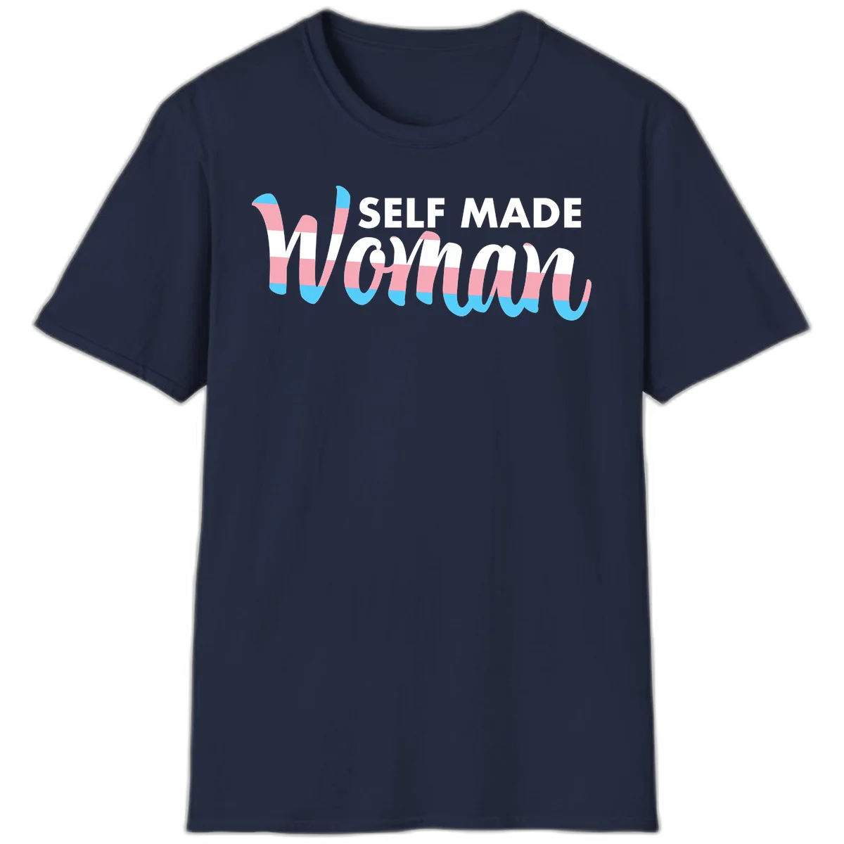Self Made Woman design featuring bold wavy striped lettering in pink, white, and blue trans flag colors in Navy
