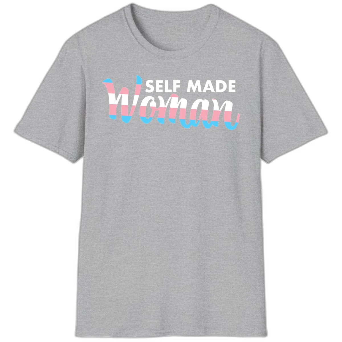 Self Made Woman design featuring bold wavy striped lettering in pink, white, and blue trans flag colors in Sport Grey