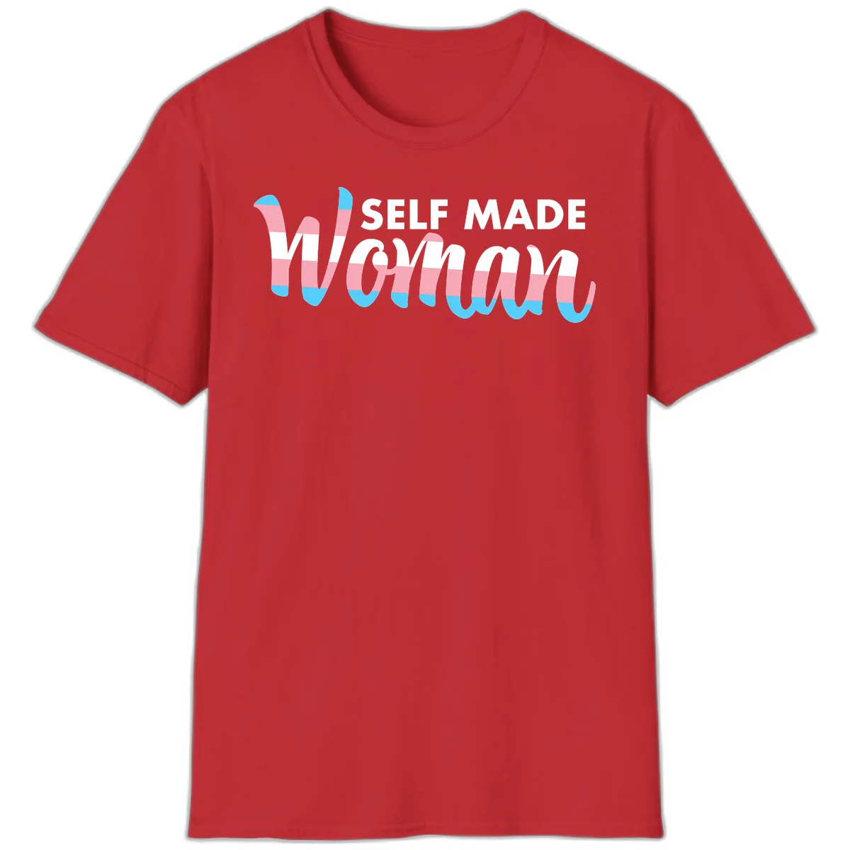Self Made Woman design featuring bold wavy striped lettering in pink, white, and blue trans flag colors in Red