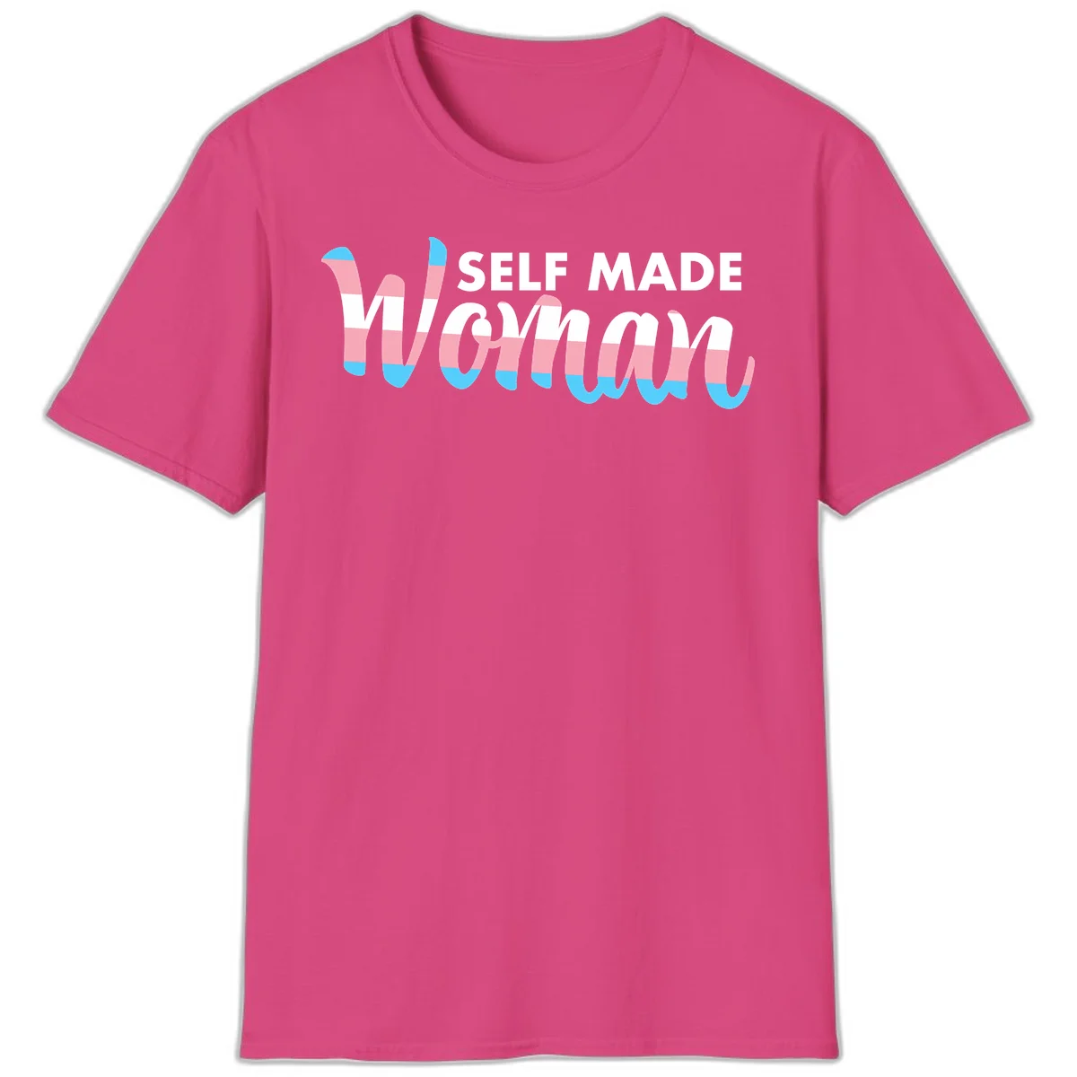 Self Made Woman design featuring bold wavy striped lettering in pink, white, and blue trans flag colors in Heliconia