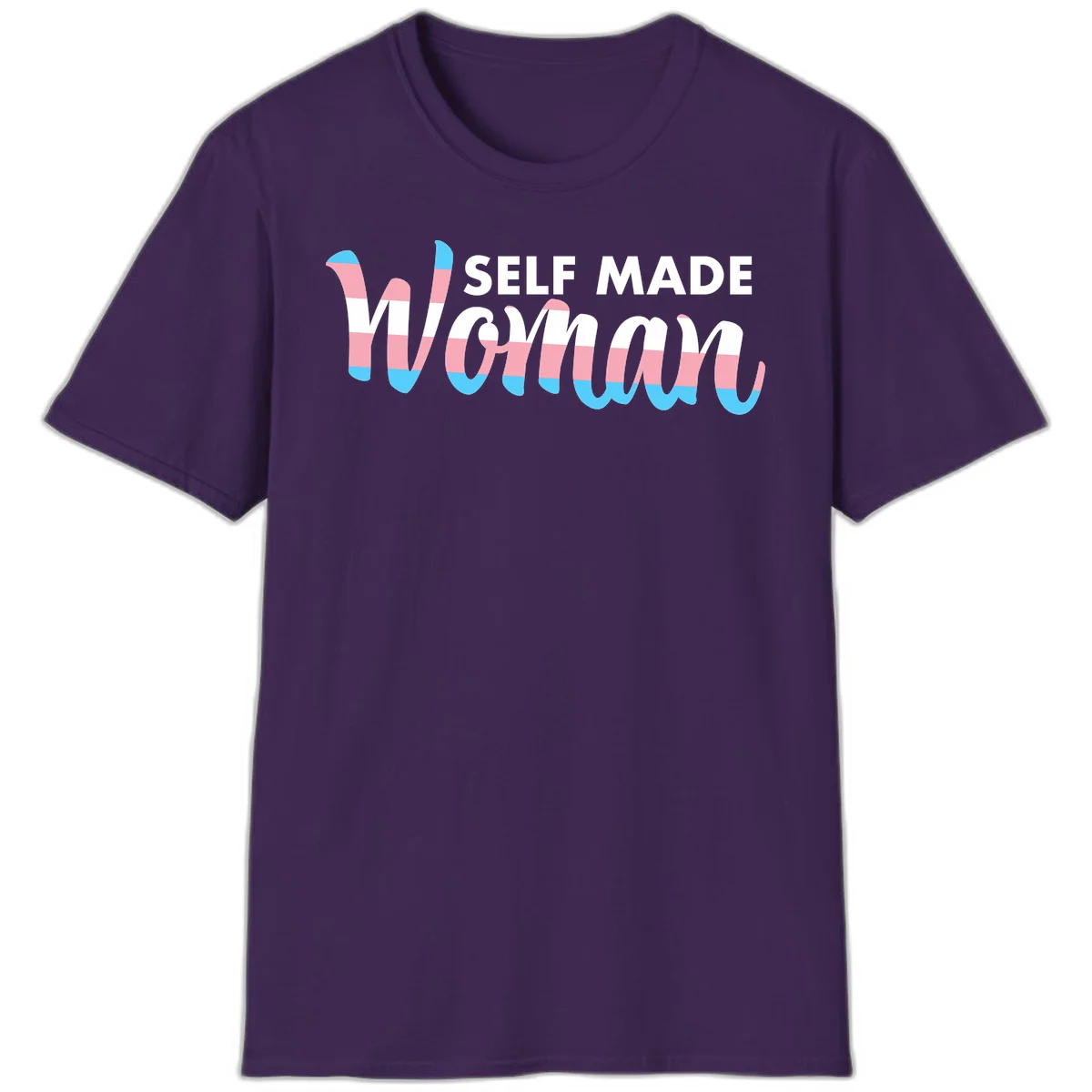 Self Made Woman design featuring bold wavy striped lettering in pink, white, and blue trans flag colors in Purple